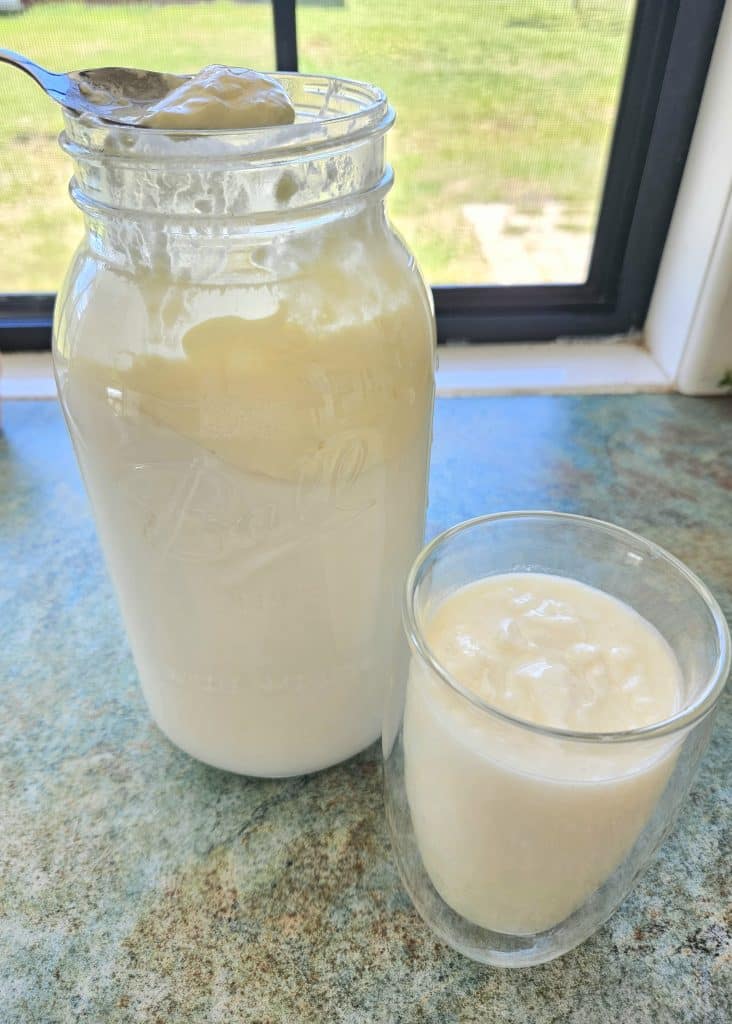 Milk kefir in a glass mason jar and cup.