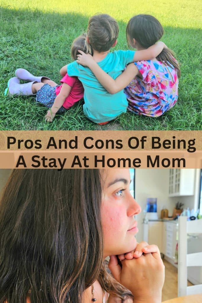 pros and cons stay at home mom. Children sitting on grass. Lonely mother.