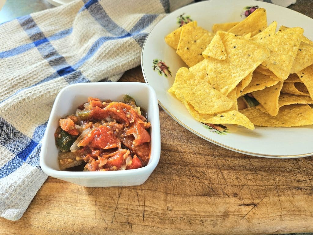 Fermented Salsa and chips on a cutting board.