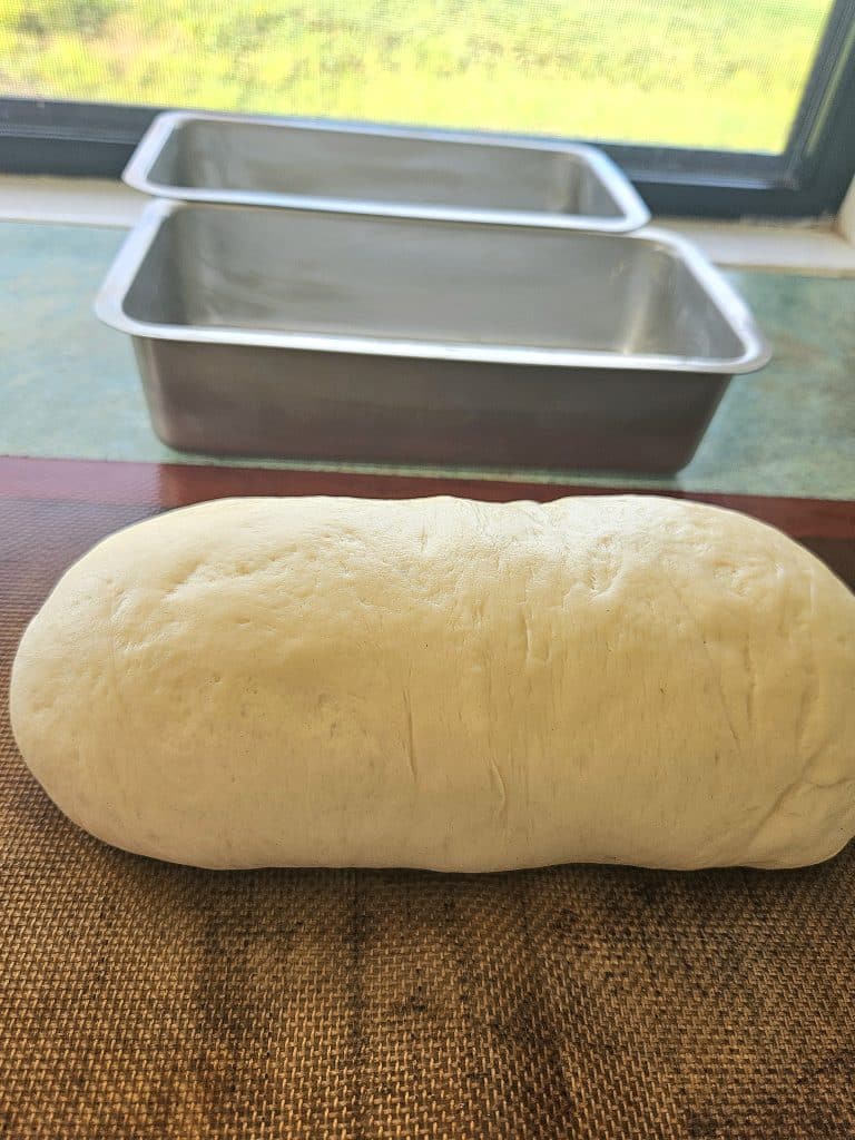 Sourdough bread shaped ready to be placed into bread pan.