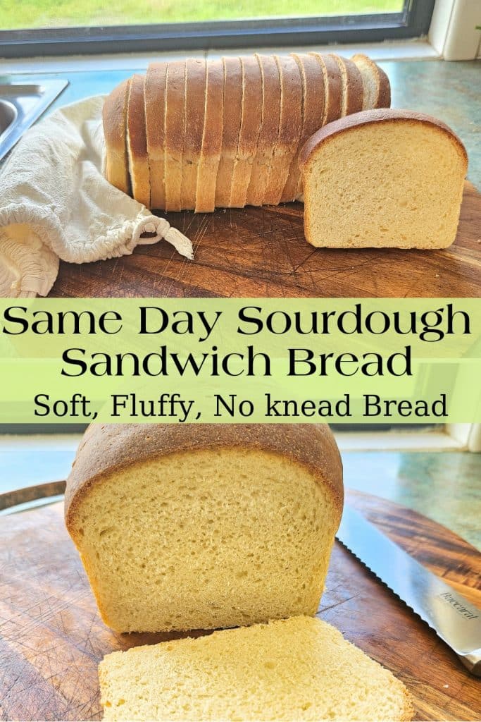 Soft sourdough sandwich bread sliced on a cutting board.