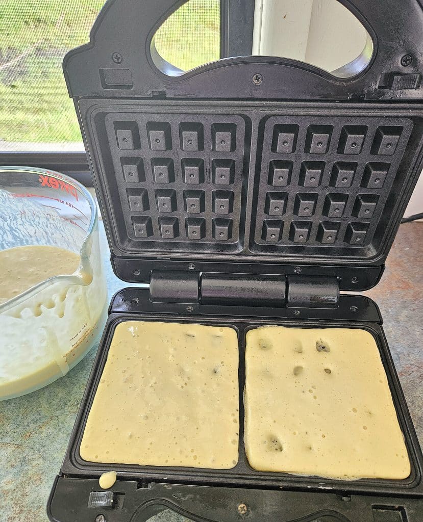 Sourdough waffles in waffle maker.