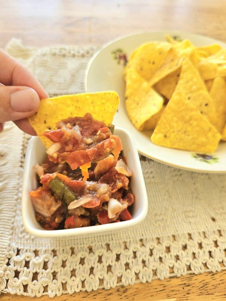 Easy fermented salsa in a bowl with plain Doritos. Easy healthy side dish.