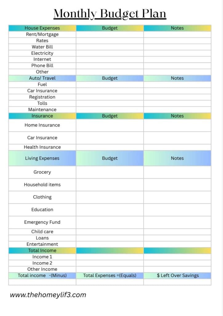 Free monthly budget planner