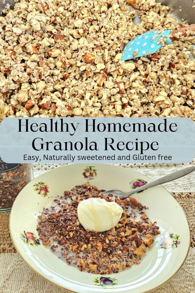 Homemade granola in a bowl served with milk and yoghurt. 