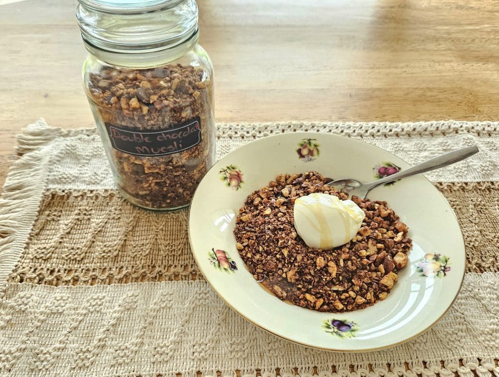 Homemade granola in a bowl topped with yoghurt and honey.