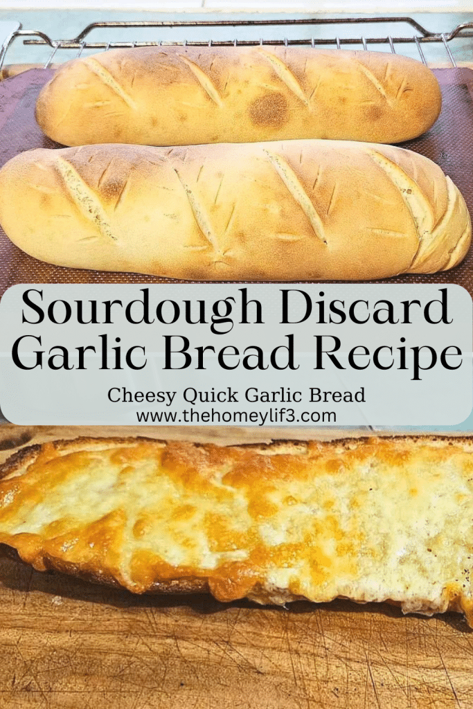 Sourdough French bread on a silicon mat and sourdough garlic bread on a cutting board.