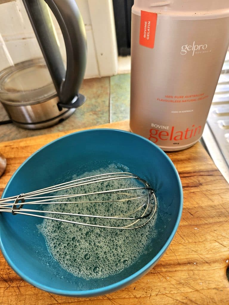 Gelatine blooming in a bowl. 