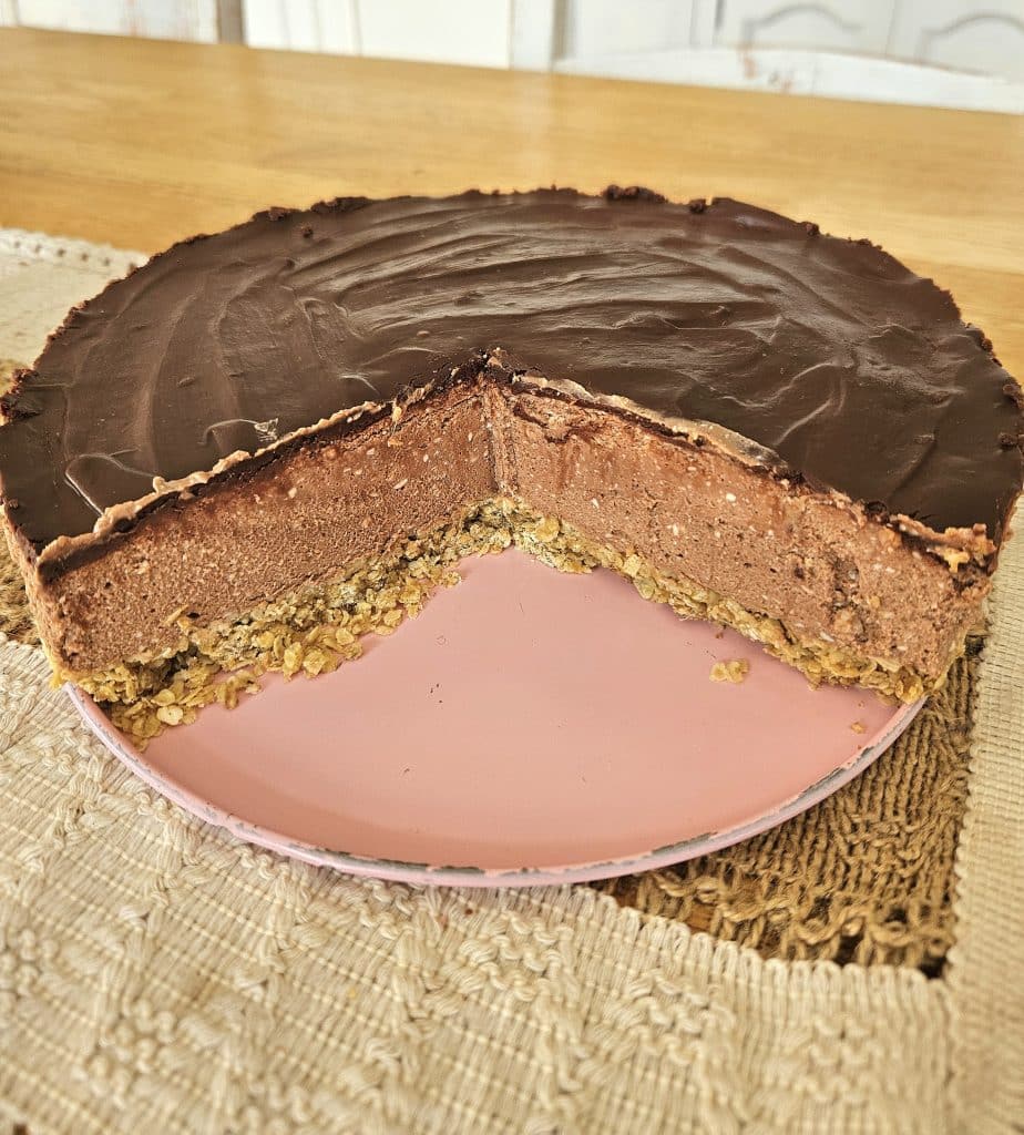 Chocolate kefir cheesecake on a table.