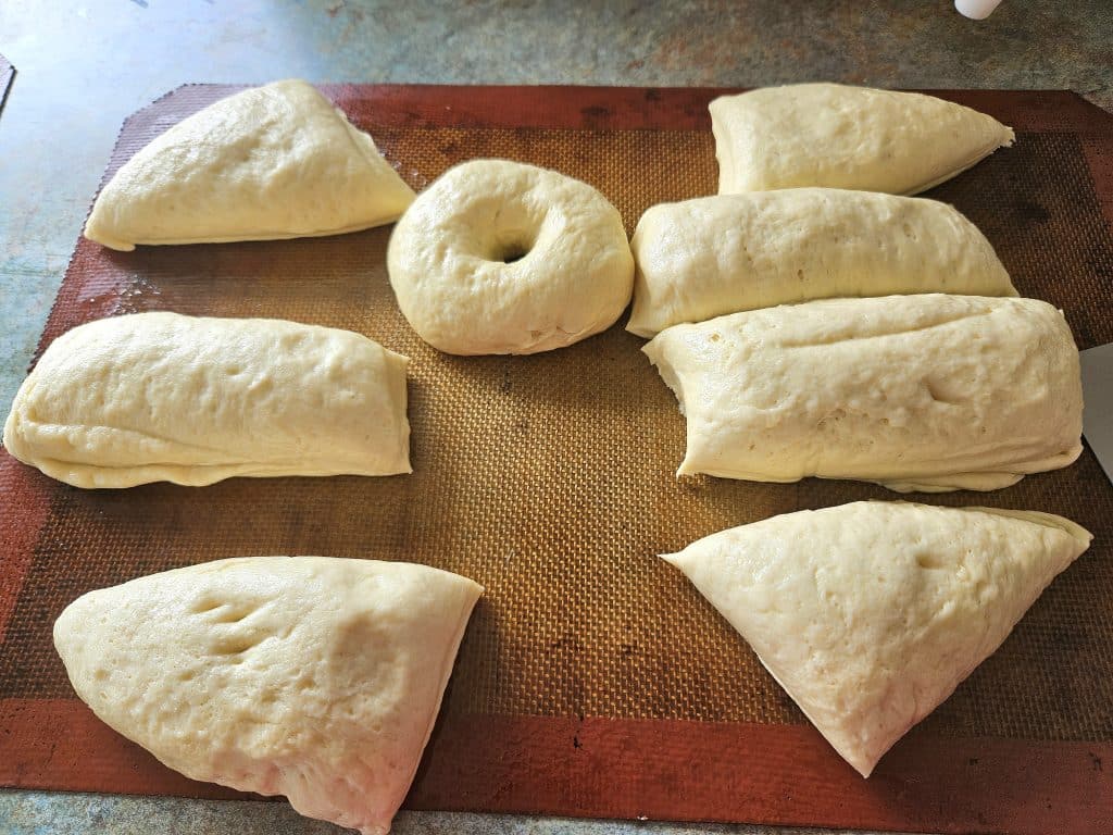 sourdough bagel recipe cutting pieces into 8 equal parts. 