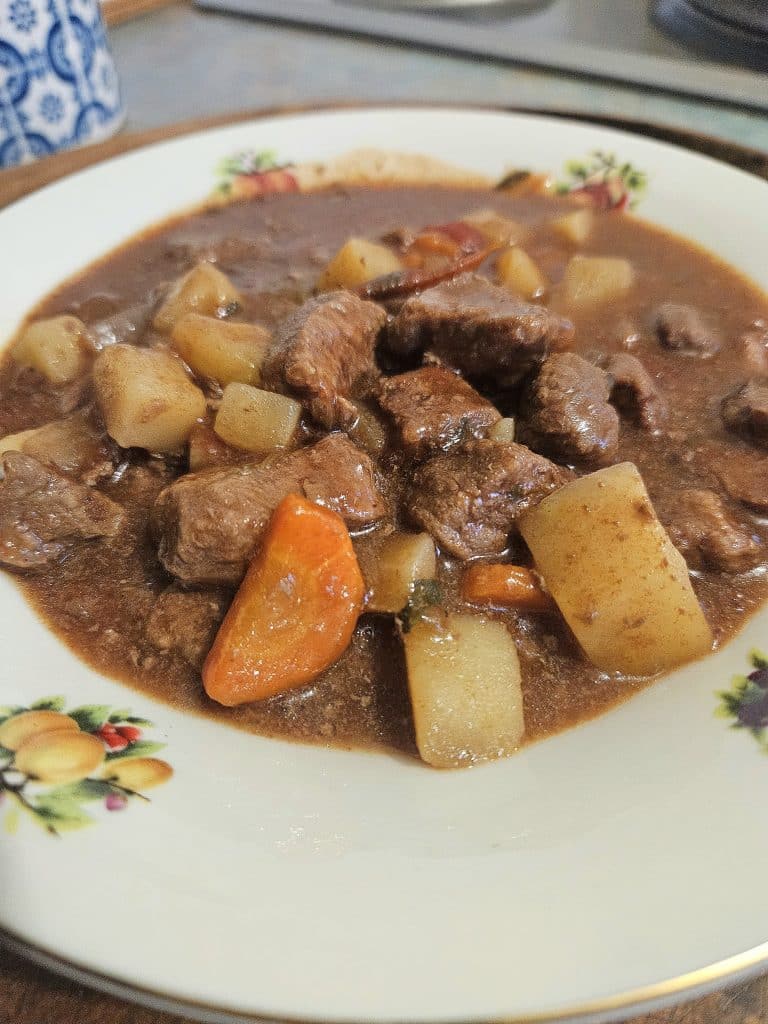 Beef stew in a bowl.