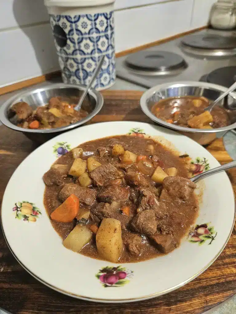 Delicious beef stew in a bowl.