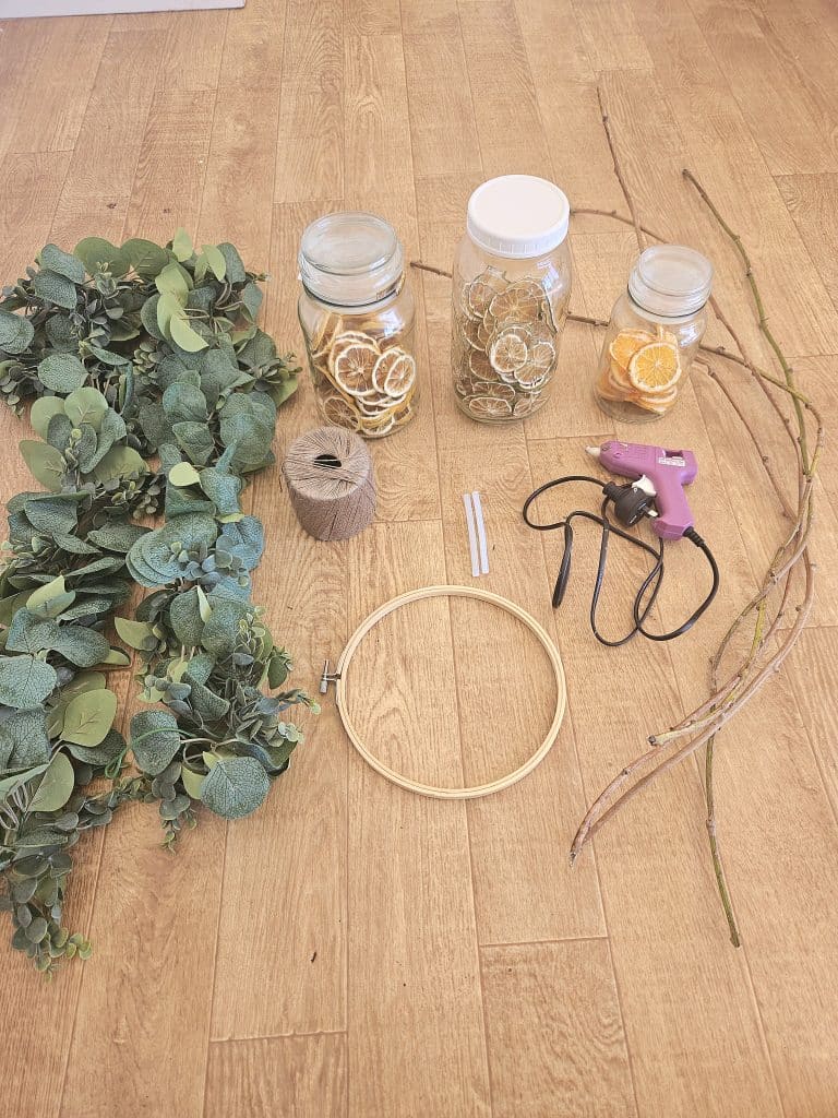 Supplies needed to make a homemade wreath.