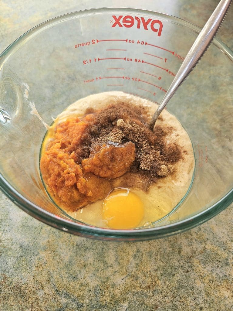 Sourdough pumpkin pancake ingredients in a bowl.