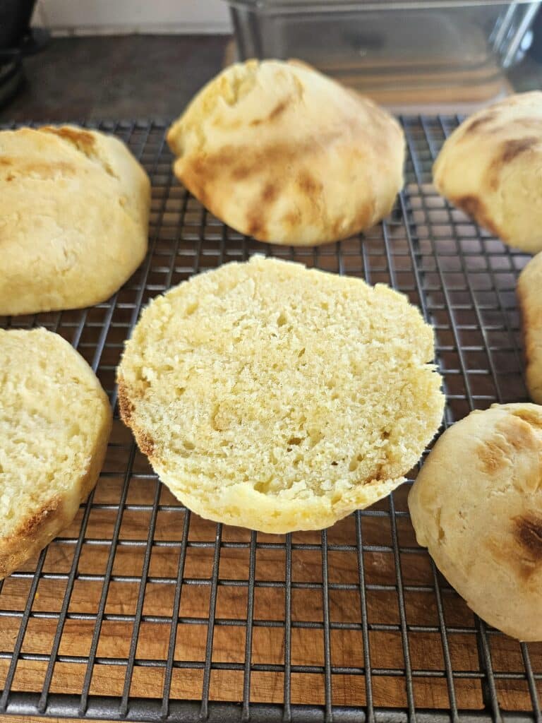 Sourdough scones sliced on a cooling rack.