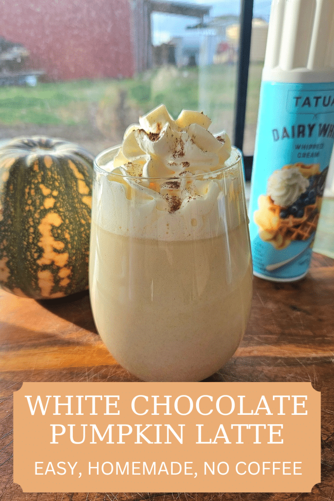 An easy homemade white chocolate pumpkin latte drink. This recipe does not use coffee and is rich, thick, creamy with a subtle pumpkin taste.