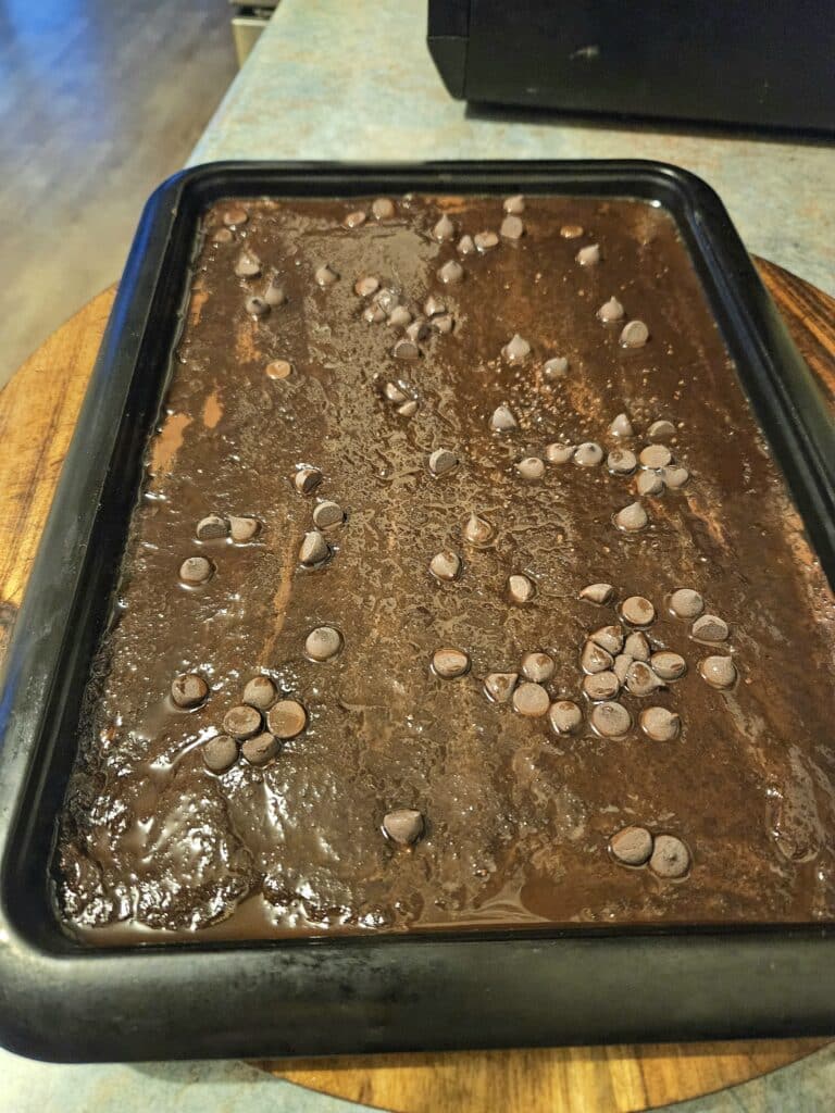 Brownie batter in a baking dish.