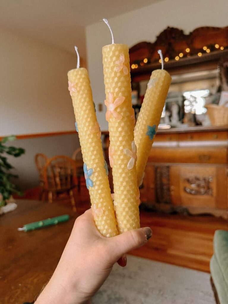 Homemade rolled beeswax candles for fall decorations.