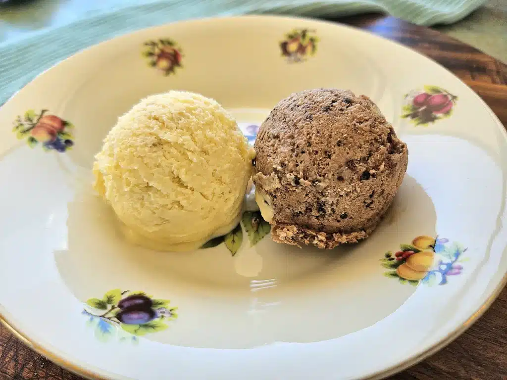 Creamy homemade vanilla and chocolate ice cream.