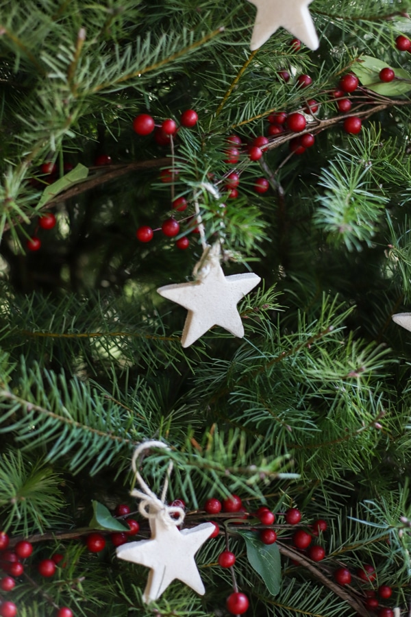 Salt dough ornaments hanging on a Christmas tree.