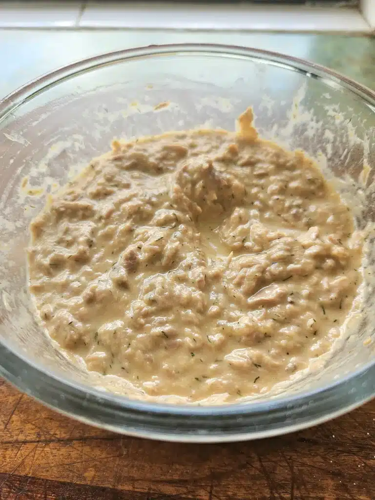 Tuna mixture in a bowl.