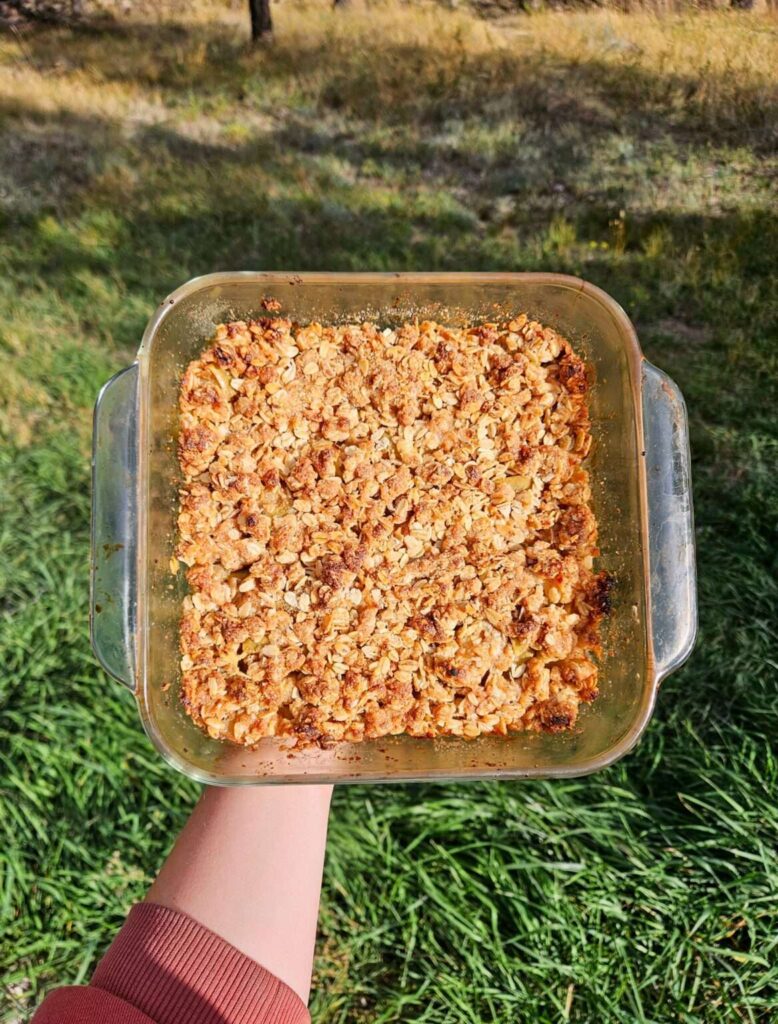 Spiced apple crisp recipe in a baking dish.