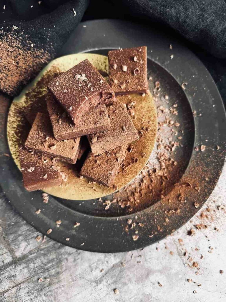 Delicious chocolate fudge on a plate.