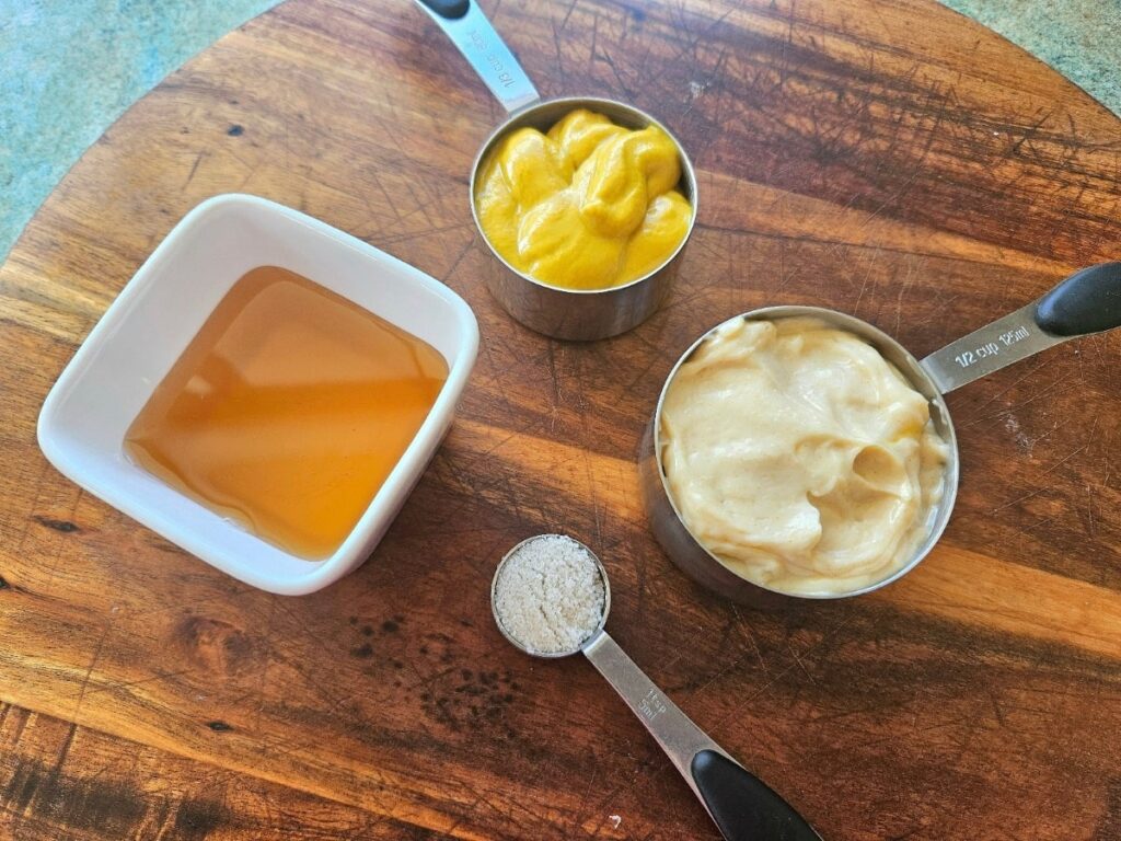 Honey Mustard ingredients displayed on a cutting board.