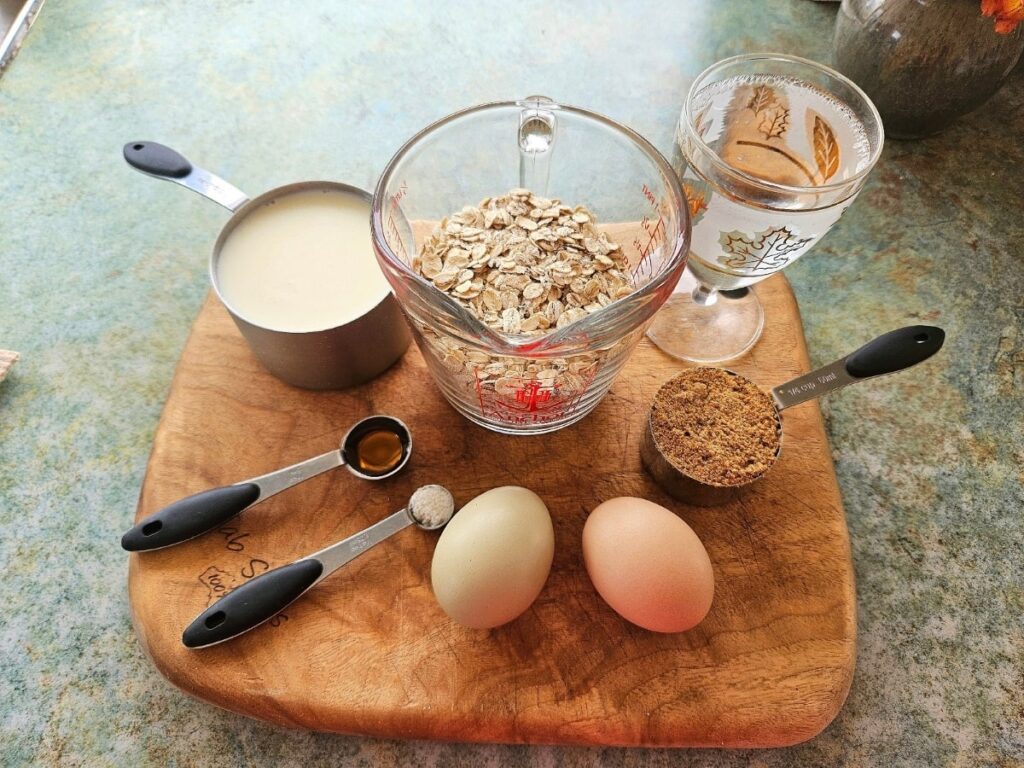 oatmeal ingredients displayed on a cutting board.