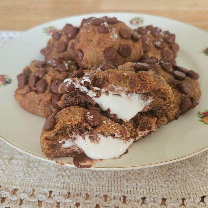 S'more cookie recipe filled with melted chocolate and gooey marshmallow.