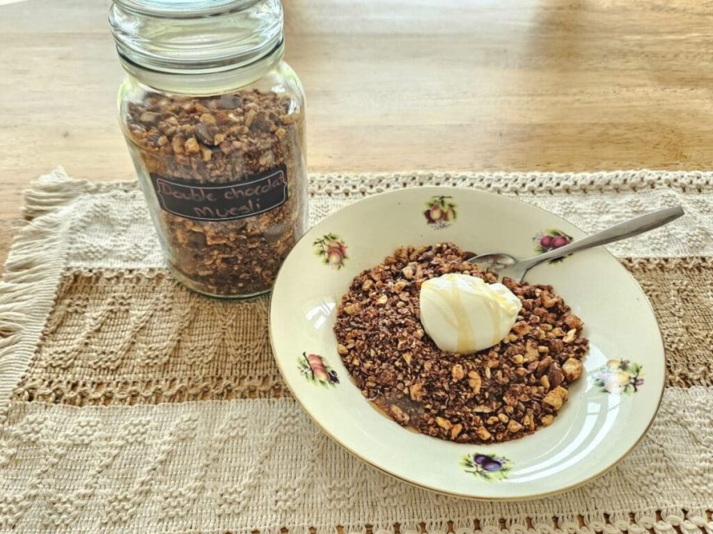 Homemade healthy granola in a bowl on a table.