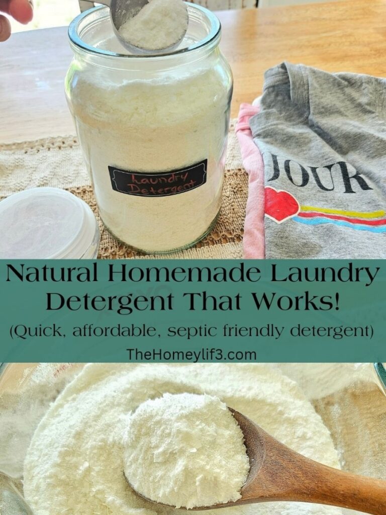 You will love this homemade natural laundry detergent recipe. It's easy, cheap, cleans clothes well, septic safe and not harsh on your skin.