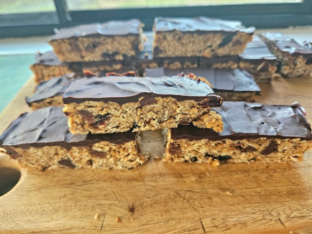 homemade granola bars topped with dark chocolate.