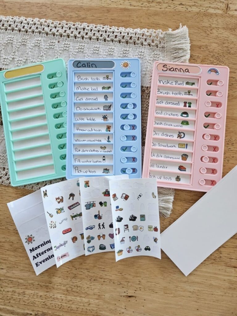 Kids chore tracker in different colours.