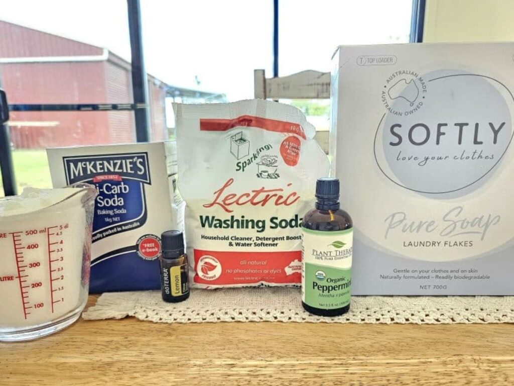 Laundry powder ingredients on a bench top.