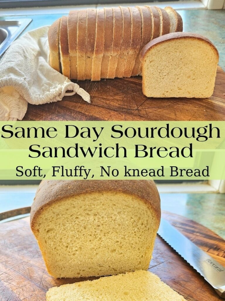 Simple, soft and fluffy sourdough sandwich bread. This recipe can be made in one day and requires no yeast! The whole family will love!