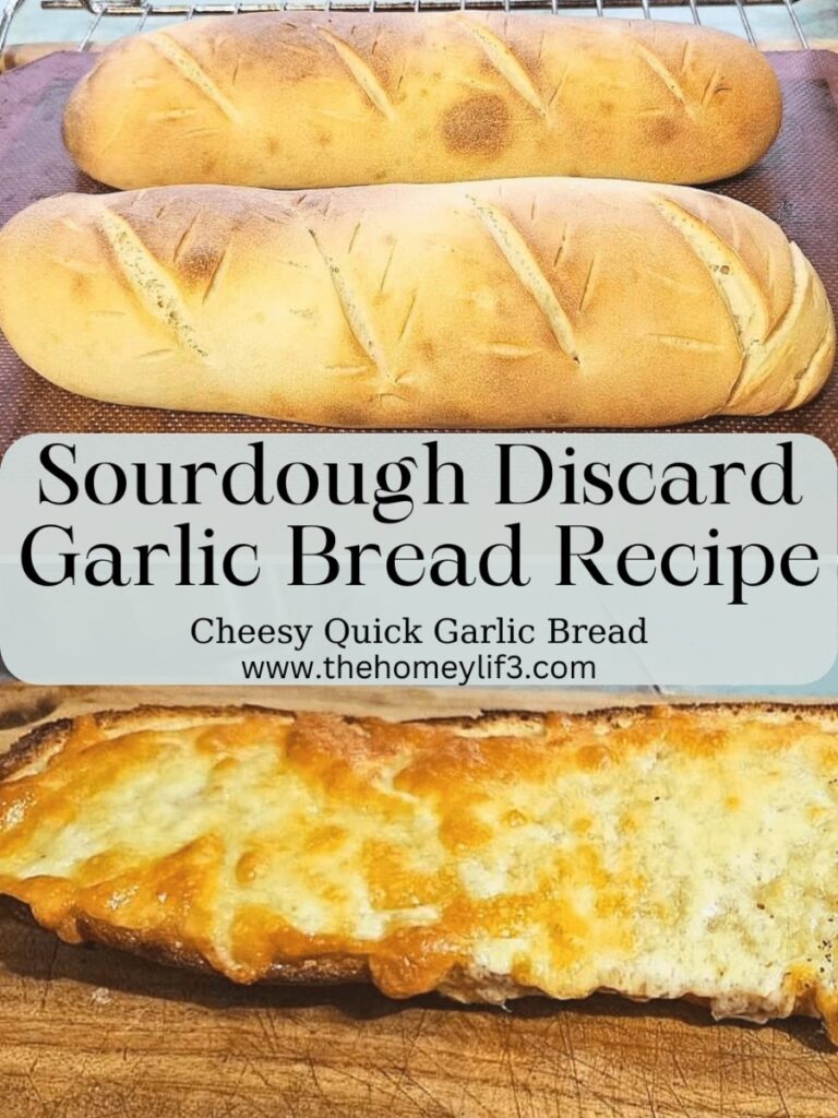 Easy sourdough garlic bread using French Bread. Crunchy on the outside soft and buttery in the middle topped with golden melted cheese.