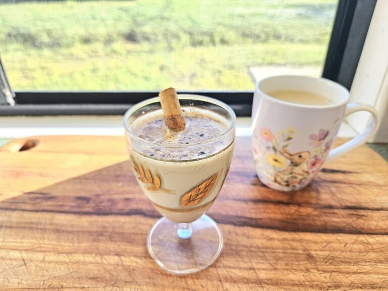 Homemade Eggnog in a cup on the kitchen counter.