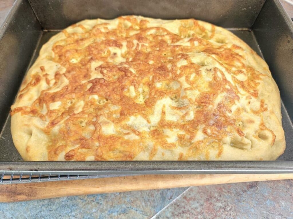 Homemade Sourdough focaccia freshly baked out of the oven.