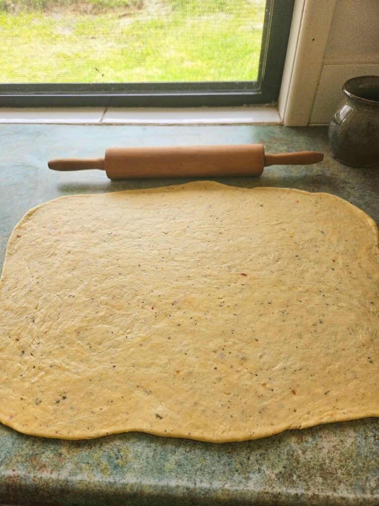 Flattened pizza dough on a bench.