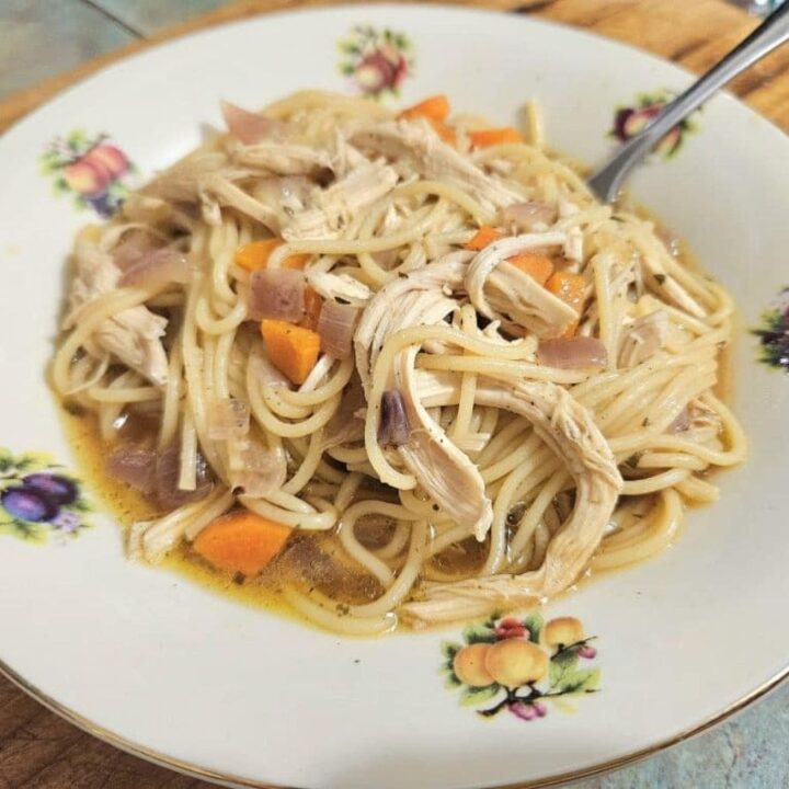 Homemade Chicken Noodle soup in a bowl on the kitchen counter.