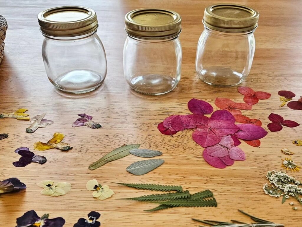 Supplies for making flower pressed jars.