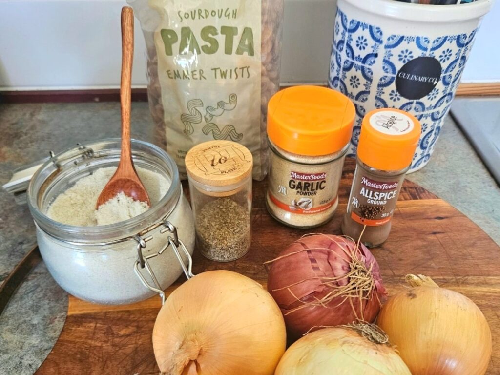 Pantry staples on a kitchen counter.