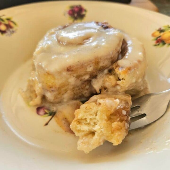 Soft homemade sourdough cinnamon roll on a plate.