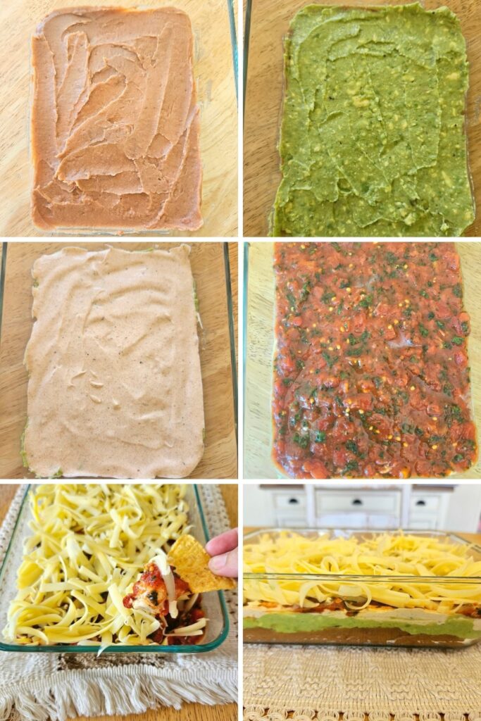 Step by step 5 layered bean dip recipe.