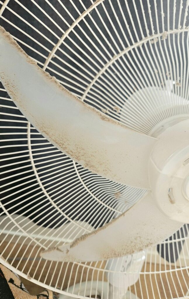 Dusty fan in need of cleaning. Spring cleaning fans.