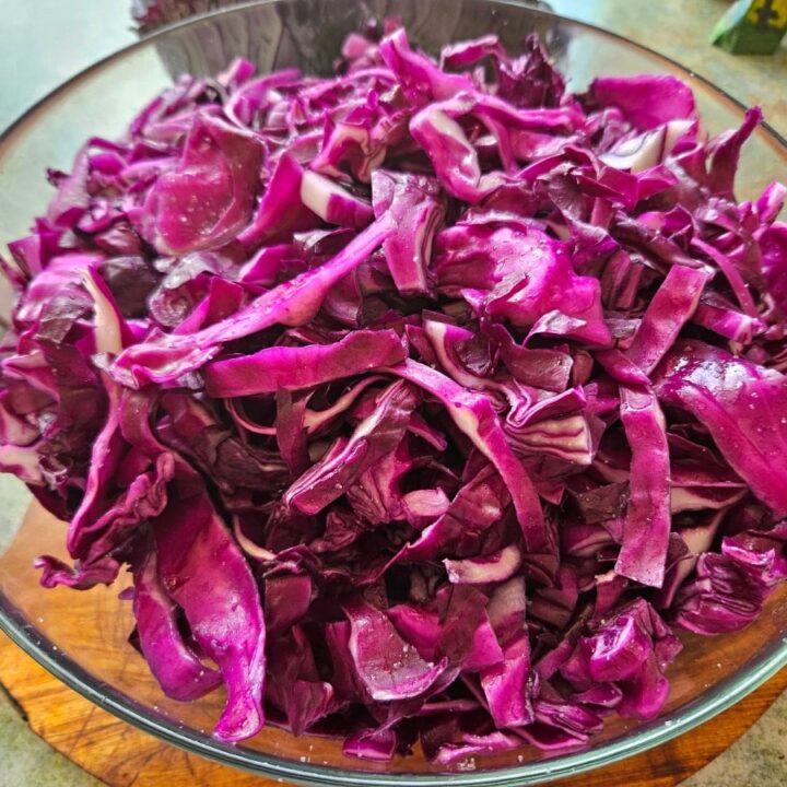 Shredded cabbage in a bowl with salt for fermenting.