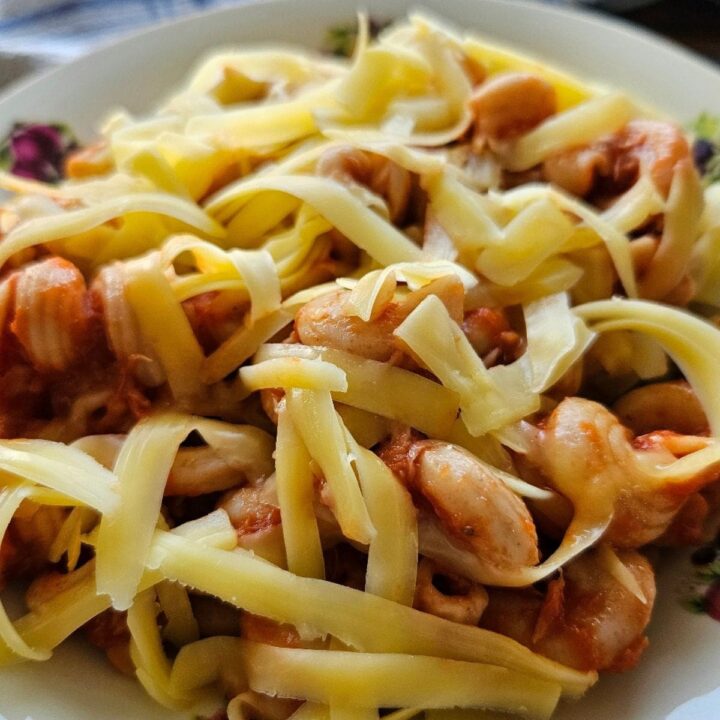 Simple homemade canned tuna pasta in a bowl topped with cheese.