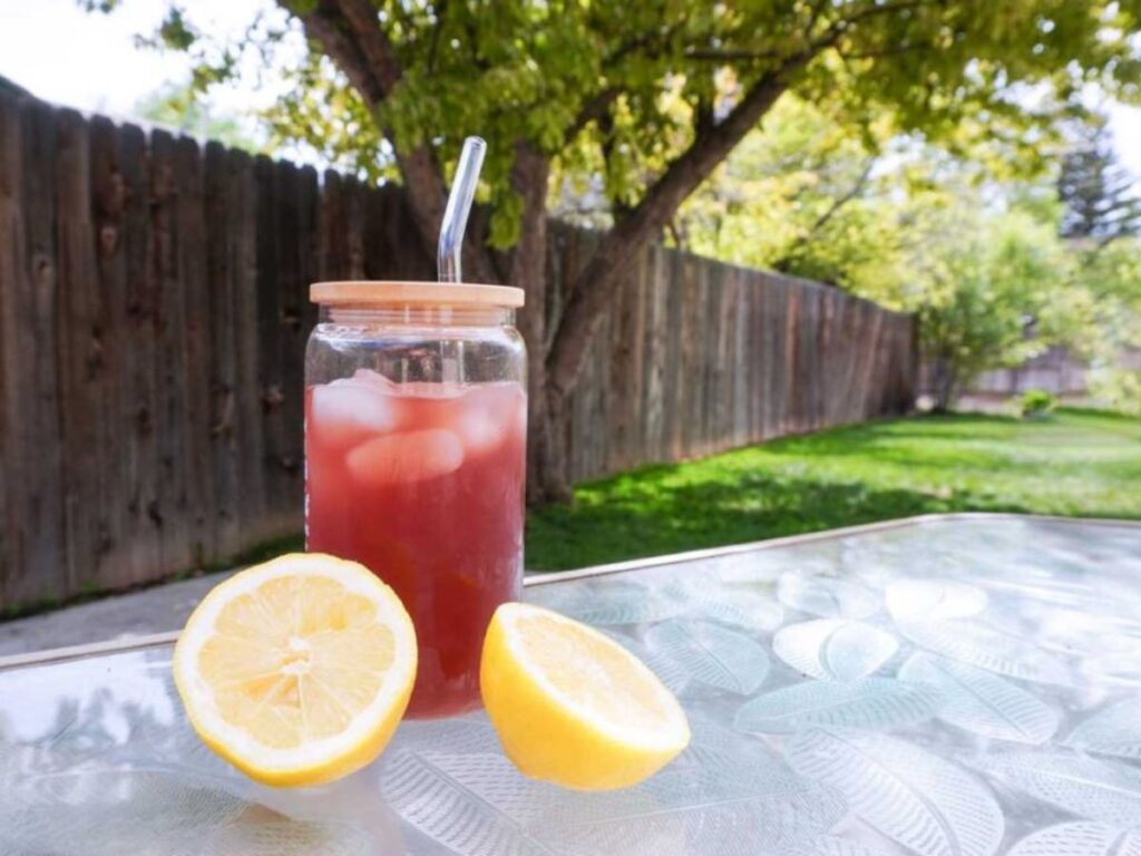 Elderberry lemonade on a table. Healthy summer drink.