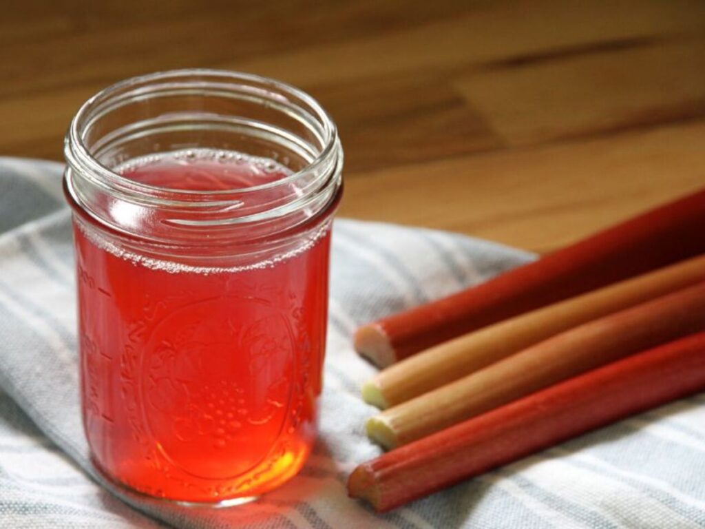 Rhubarb juice on the counter.